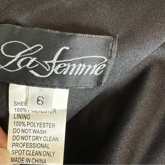 LA FEMME Cross Back Satin Jersey Trumpet Gown 28206 Black Size 6 NWT - Picture 9 of 11